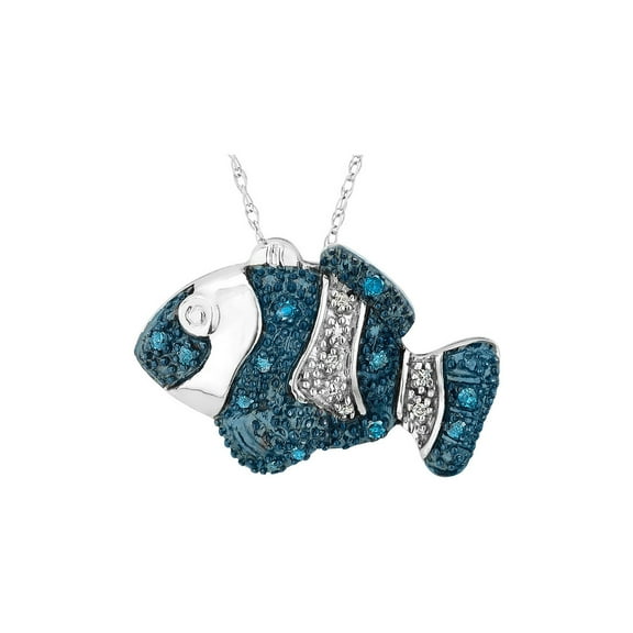 1/10 Carat (Ctw) Blue & White Diamond Fish Charm Pendant Necklace in Sterling Silver with Chain for Women