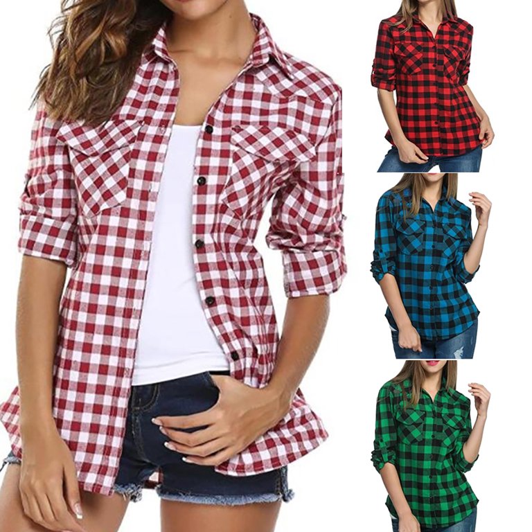 IN'VOLAND Womens Plus Size Flannel Plaid Shirt Roll Up Long Sleeve Button  Down Shirts Casual Tops16-28W at  Women’s Clothing store