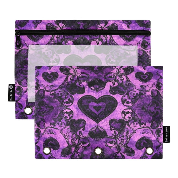 2 Pack 3 Ring Binder Pouch with Clear PVC Window Water Resistant Zipper Pencil Pouch Symmetrical Hearts Binder Pocket for Classroom Office Home Stationery Organization
