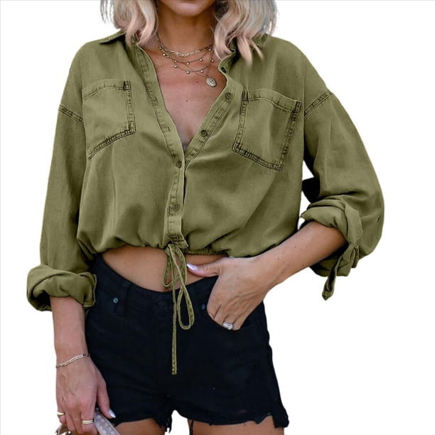 Camisa Vaquera Corta para Mujer, con Mangas 3/4 Enrolladas, Informal, Holgada, con Cordón Ajustable en el Dobladillo y Botones Delanteros. Color Oliva XXL