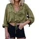 thumbnail image 1 of Camisa Vaquera Corta para Mujer, con Mangas 3/4 Enrolladas, Informal, Holgada, con Cordón Ajustable en el Dobladillo y Botones Delanteros. Color Oliva XXL, 1 of 9