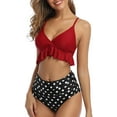thumbnail image 3 of Women Two Piece Swimsuits High Waisted Ruffle Flounce Bikini V Neck Tummy Control Bathing Suit Dark Red Polka Dot (L, 3 of 6