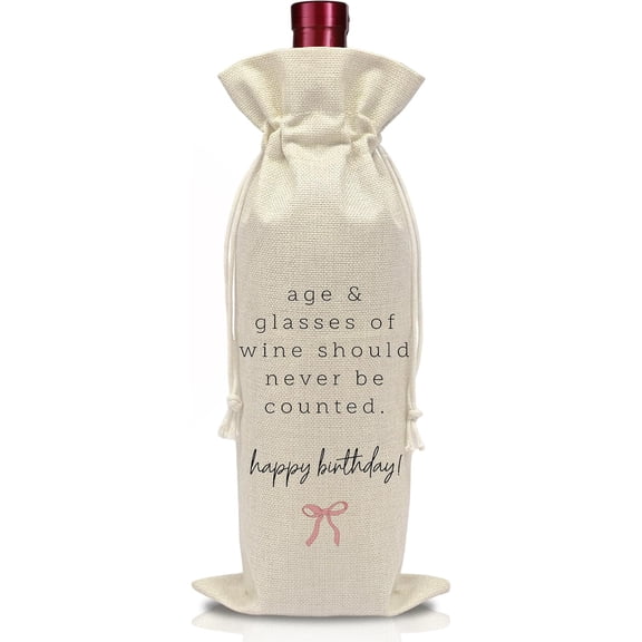 1pcs Funny Birthday Gift Wine Bottle Bag, Reusable Wine Bags with Drawstring, Meaningful Happy Birthday Present Ideas for Friends, Pink Bow Print, Special Day Party Present-B19