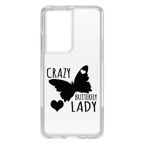 DistinctInk Clear Shockproof Hybrid Case for Galaxy S21 ULTRA 5G (6.8" Screen) - TPU Bumper Acrylic Back Tempered Glass Screen Protector - Crazy Butterfly Lady
