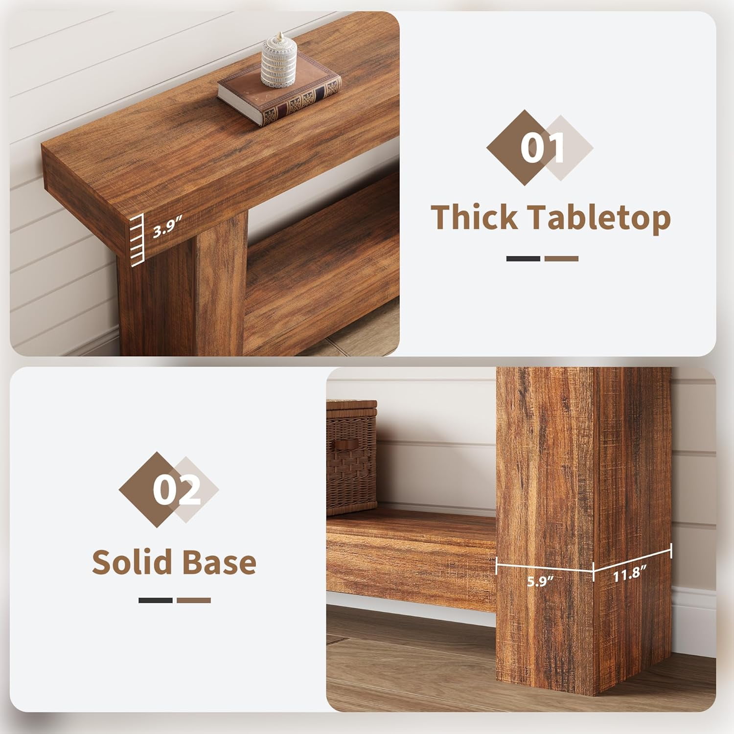 63 Inch Console Table, 2-Tier Farmhouse Sofa Table with Storage, Large Entryway Table for Living Room, Hallway, or Foyer