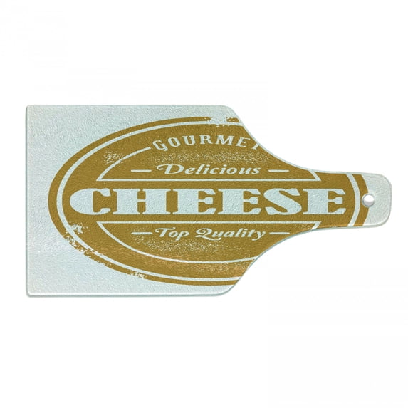 Cheese Cutting Board, Gourmet Delicious Lettering Food Themed Retro Grunge Stamp Look Illustration, Decorative Tempered Glass Cutting and Serving Board, in 3 Sizes, by Ambesonne