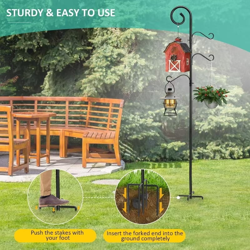 Circles 76 Inch Shepherds Hooks for Outdoor 2 Pack, Bird Feeder Poles with 4 Hooks, Shepherds Hook for Bird Feeders Outside with Base, Garden Pole for Hanging Plant Baskets, Weddings Decor (76 Inch)