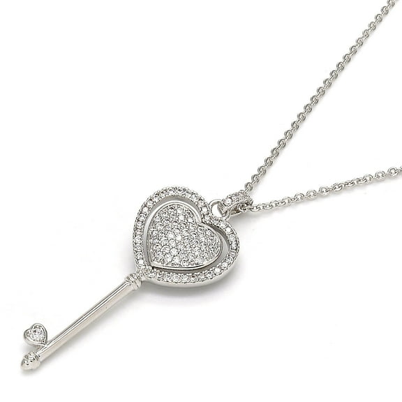 Sterling Silver Fancy Necklace, key and Heart Design, with Crystals and Micro Pave, Rhodium Tone