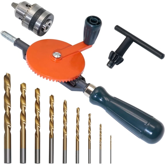 Powerful Speedy Hand Drill 3/8 Inch Manual Drill with 9 Pcs Drill Bit Set Chuck and Key for Wood Plastic Soft Metal
