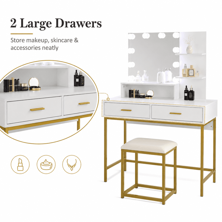 Ktaxon Vanity Table with 3 Color Lighted Mirror, Makeup Vanity Dressing Table with 10 Lights and 2 Drawers for Women, Dresser Desk Vanity Set for Ktaxon Vanity Table with 3 Color Lighted Mirror, Makeup Vanity Dressing Table with 10 Lights and 2 Drawers for Women, Dresser Desk Vanity Set for