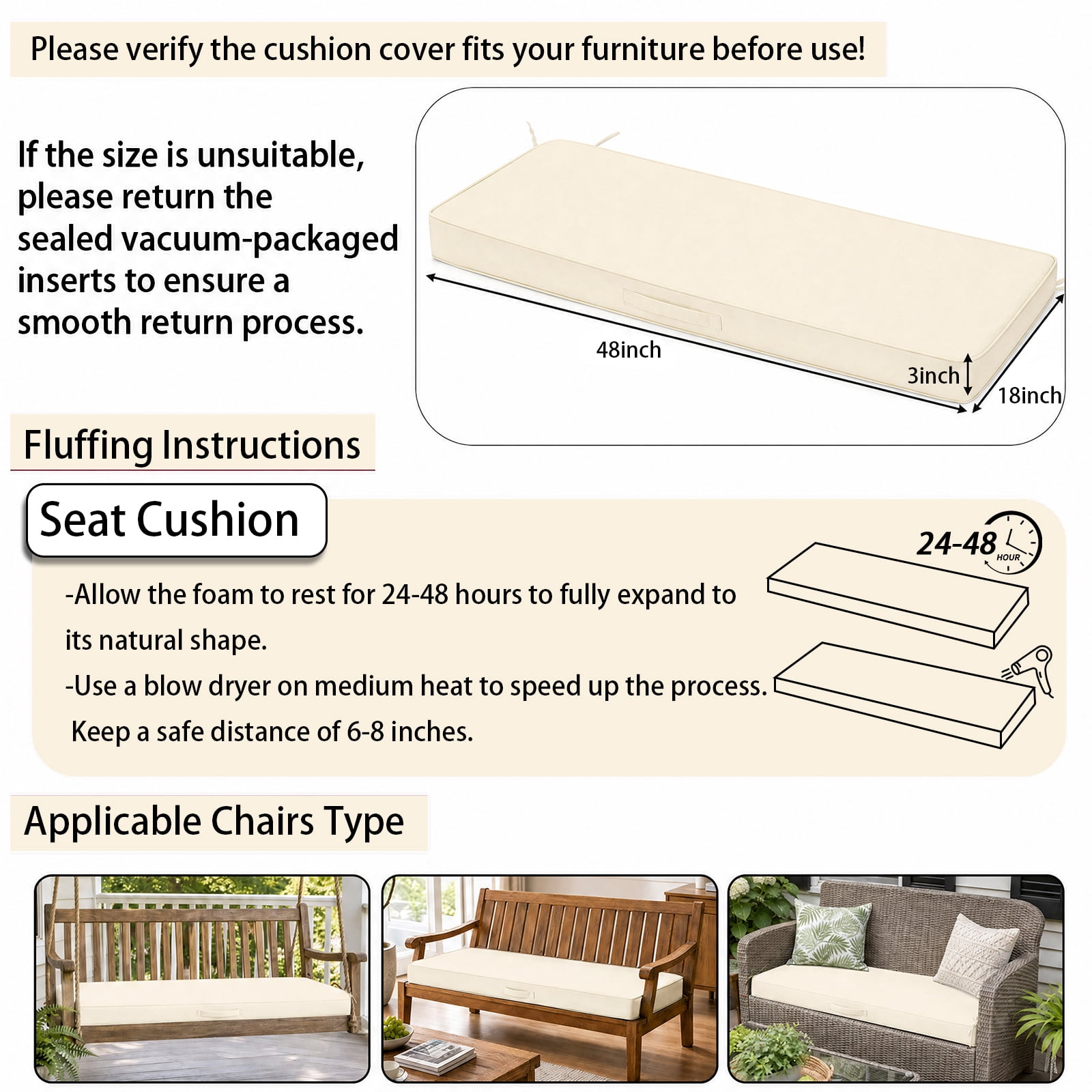 YEERSWAG 48x18x3 inch Outdoor Chair Cushions Bench Cushion Patio Chair Cushions Non Slip Removable Anti-fading Water Resistant Garden Loveseat Cushion with Handle