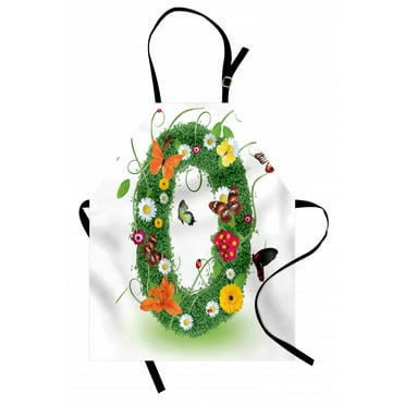 Letter O Apron Spring Season Alphabet with Grass Daisy Butterflies Ladybugs Greenland Florets, Unisex Kitchen Bib Apron with Adjustable Neck for Cooking Baking Gardening, Multicolor, by Ambesonne