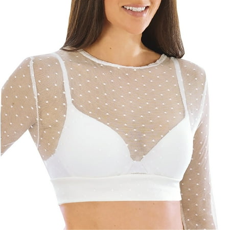 - Women's Trendy and Elegant Mesh Polka Dot Cami with Long Sleeves and Scoop Neckline - Cropped Top with Non-Slip Band to Hold in Place, Xl, White