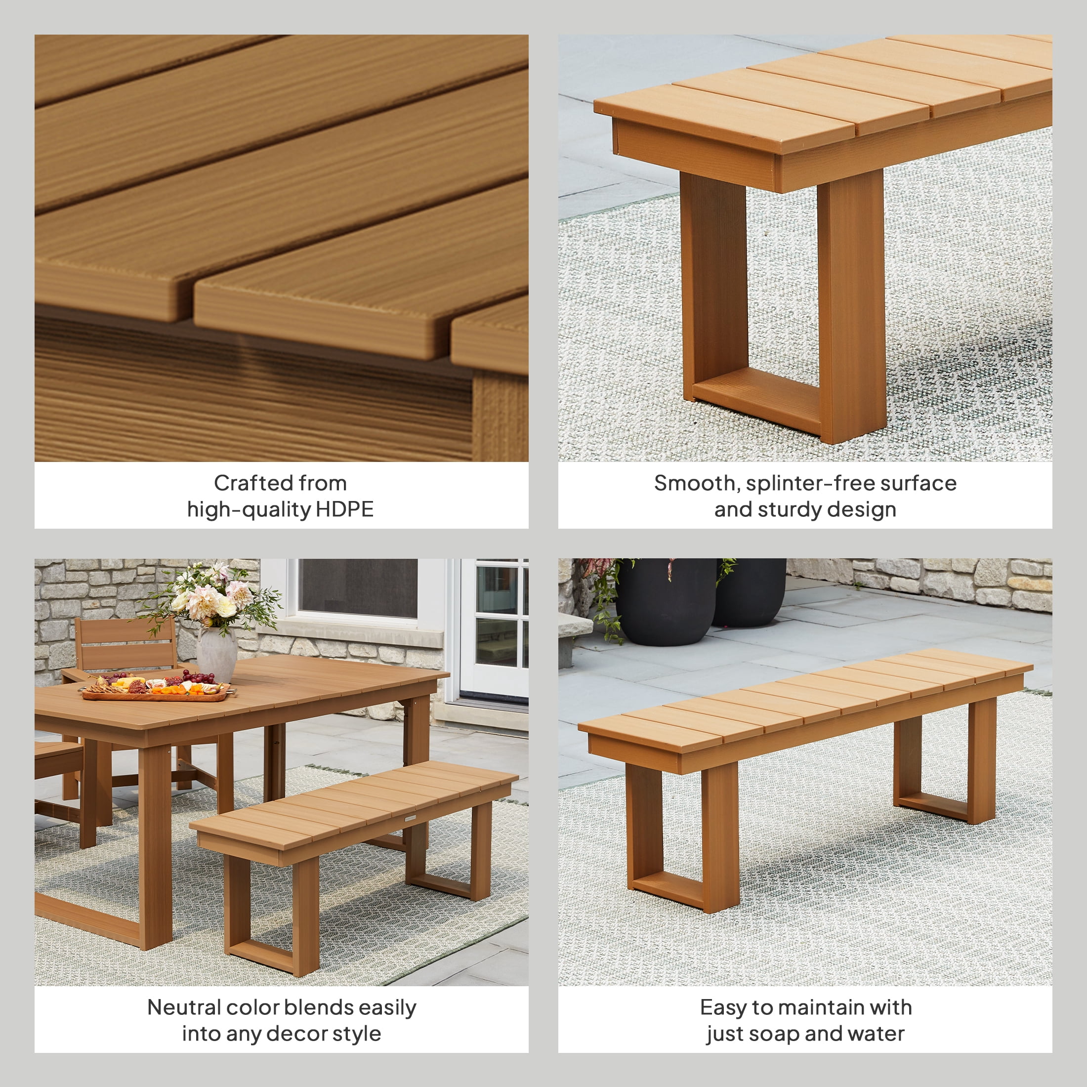 Better Homes & Gardens Ezra Outdoor Dining Bench, Teak HDPE, 54 in