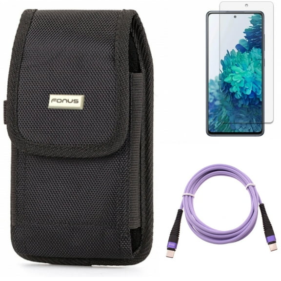 Case Belt Clip & Purple 10ft PD Cable & Screen Protector for Samsung Galaxy S20 Fan Edition - Swivel Holster   Type-C to USB-C Fast Charger Cord   Anti-Glare Tempered Glass Combo