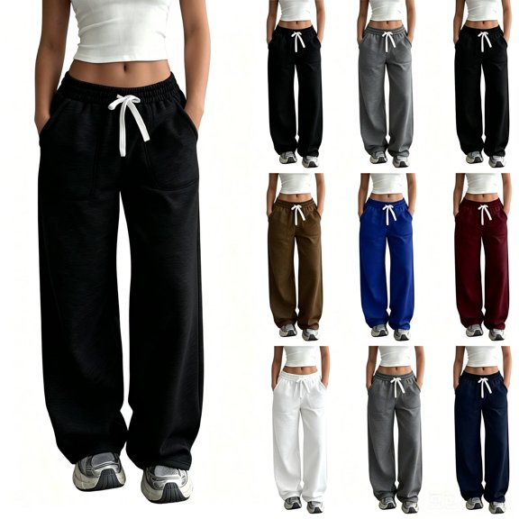 Tqcoqu Women's Drawstring Elastic Waist Wide Leg Sweatpants with Pockets,Solid Casual Trousers,2026 Womens Trendy Clothes,Black Women's S-XXL
