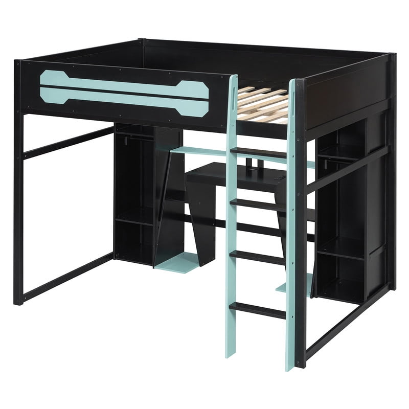 Full Size Wooden Gaming Loft Bed with Desk, RGB LED Lights, USB Charging Station, Wardrobe and Storage Cabinets, Space-Saving Loft Bed Frame with Workstation for Bedroom