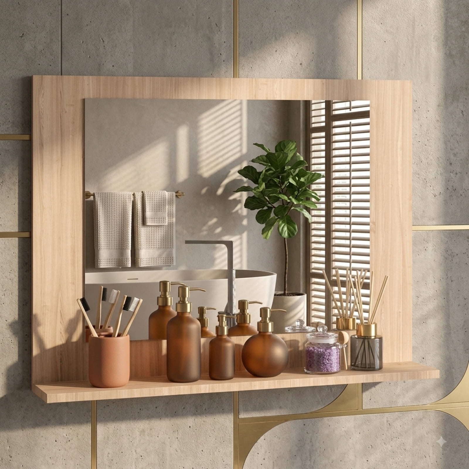 Vebreda Bathroom Wall Mirror, Rectangle Bathroom Mirror with Shelf 23.5 x 17.5 Inch and Wood Frame, Functional Design, Crystal-Clear Reflection
