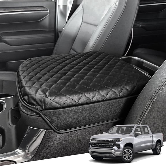 KBH Center Arm Rest Cover for Chevy Silverado GMC Sierra 2019-2026, Tahoe Suburban Yukon 2021-2026, Black Leather Middle Console Lid Armrest Cushion Pad, Bucket Seat Only