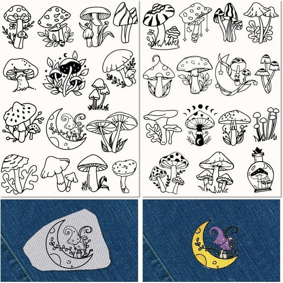 2 Sheets Mushroom Moon Water Soluble Embroidery Patterns Stabilizers Hand Sewing Stick and Stitch Transfers Fabric Wash Away Pre-Printed Self Adhesive