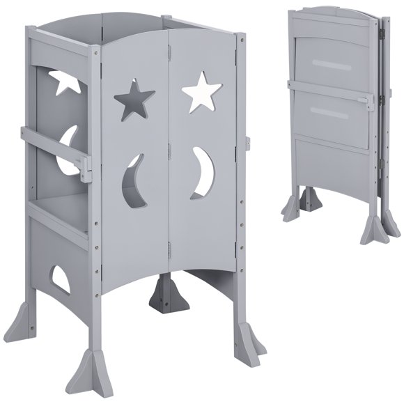 Qaba Folding Toddler Tower, Kitchen Helper Step Stool with Support Handles, Safety Rail and Non-Slip Strips, for Kids Washroom Dining Room Learning, Grey