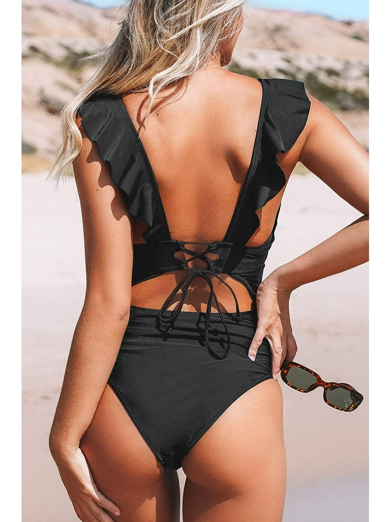 Monokini Black Lace Up One Piece Bathing Suit Wholesale MOQ6 Full