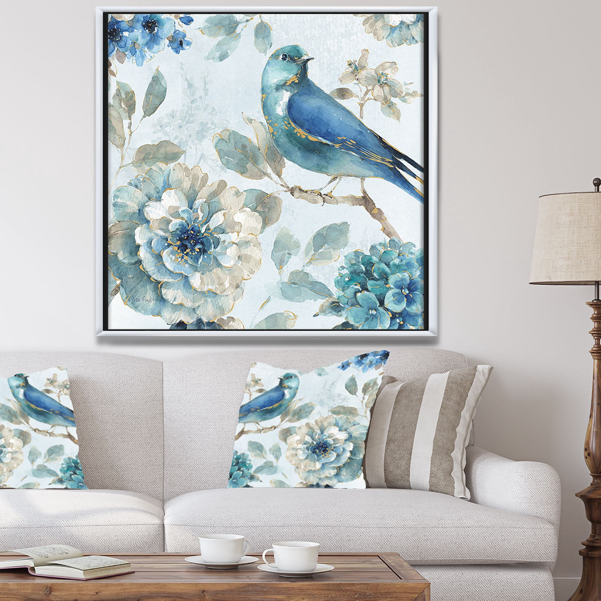 Designart ' Indigold Watercolor Lovely bird II ' Farmhouse Framed Canvas