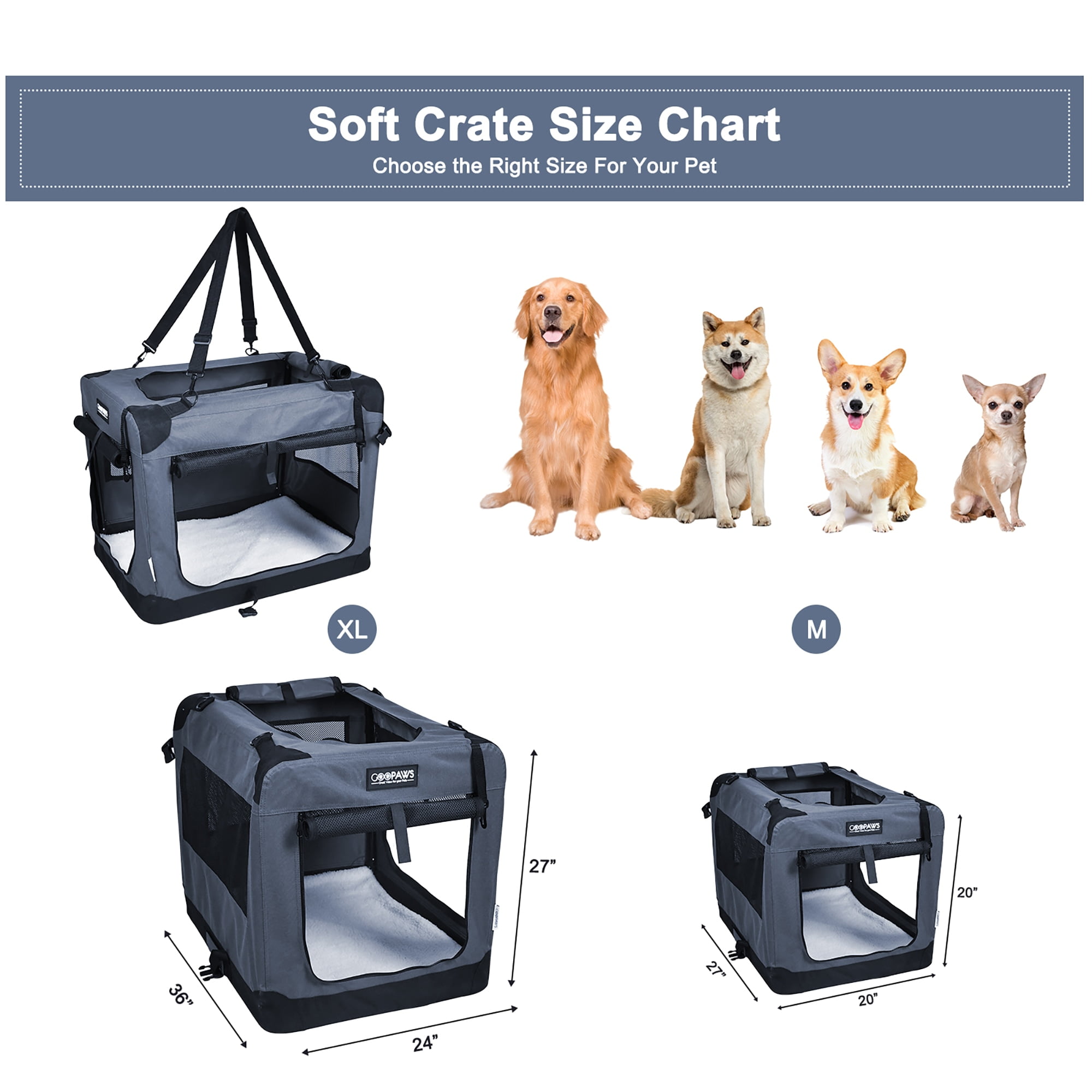 JESPET & GOOPAWS: 27" Soft Pet Crate - Grey - Dogs & Cats Up to 35 lbs, 3 Door Folding Kennel, Indoor Outdoor Travel Carrier, Mesh Windows, Fleece Mat