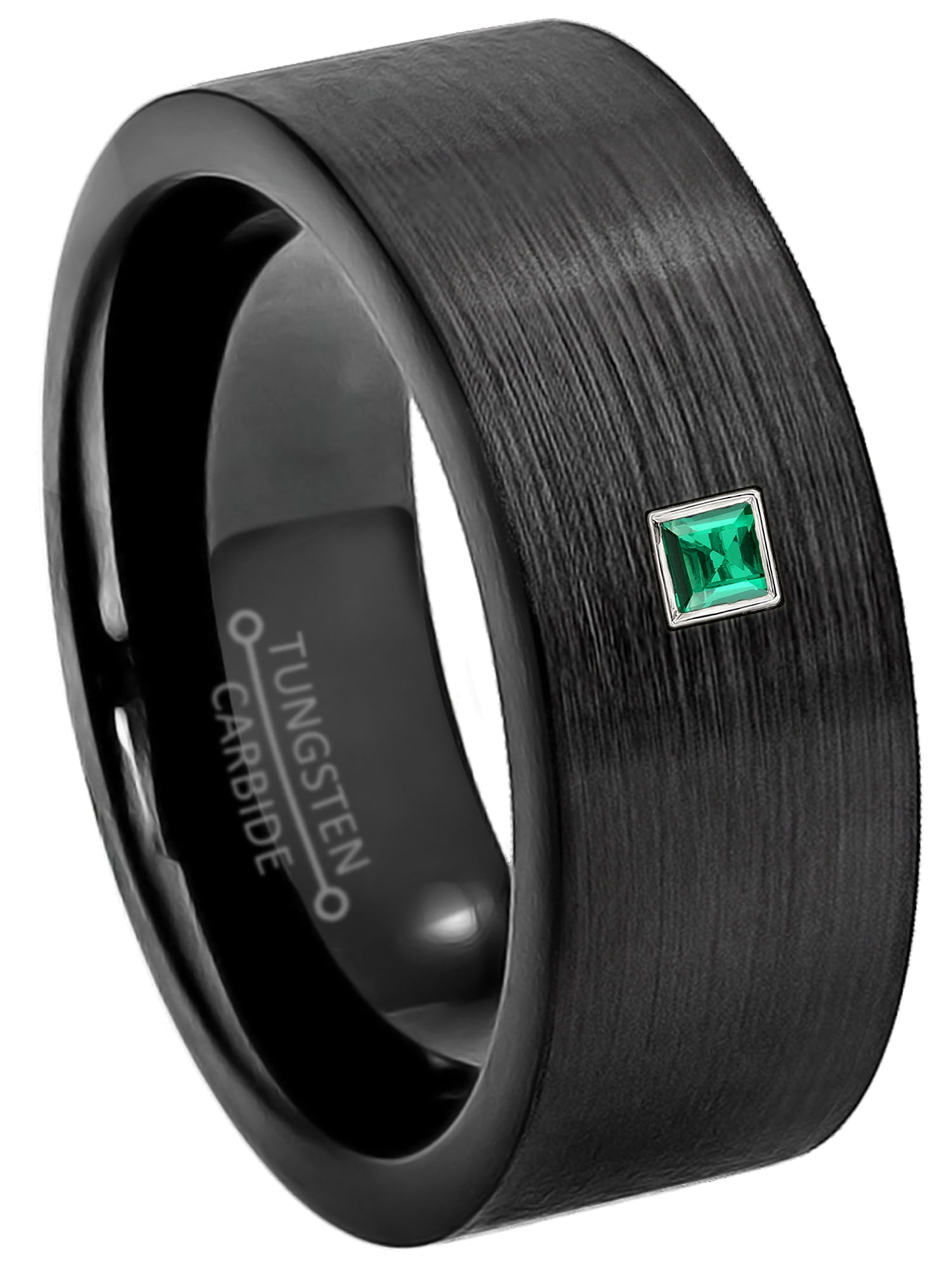 0.05ctw Princess Cut Emerald Tungsten Ring - 9MM Brushed Finish Black ...