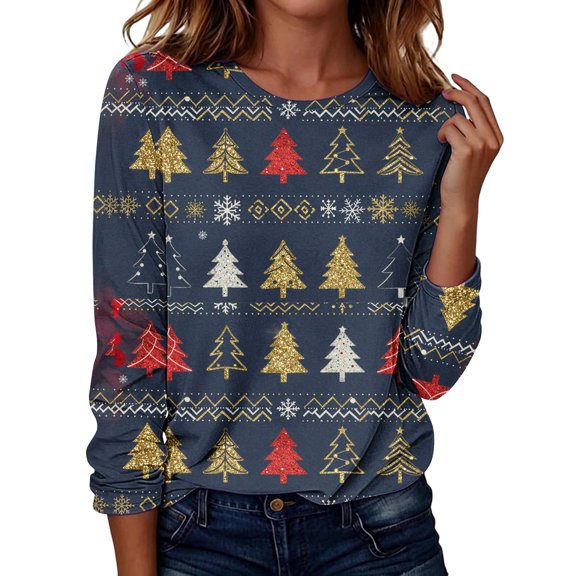 KICILVS Womens Christmas Tops Xmas Tree Print Long Sleeve Crew Neck T Shirt Casual Holiday Blouse for Christmas Day Outfits