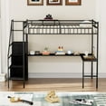 thumbnail image 4 of Bed Frames Full Size Metal Loft Bed with L-shaped Desk, LED Lights, Charging Cradle, LED Loft Bed Frame, Full Size Bed with One Cabinet Wardrobe and 2 Fabric Drawers, Safety Rails and Ladder, Black,A, 4 of 19