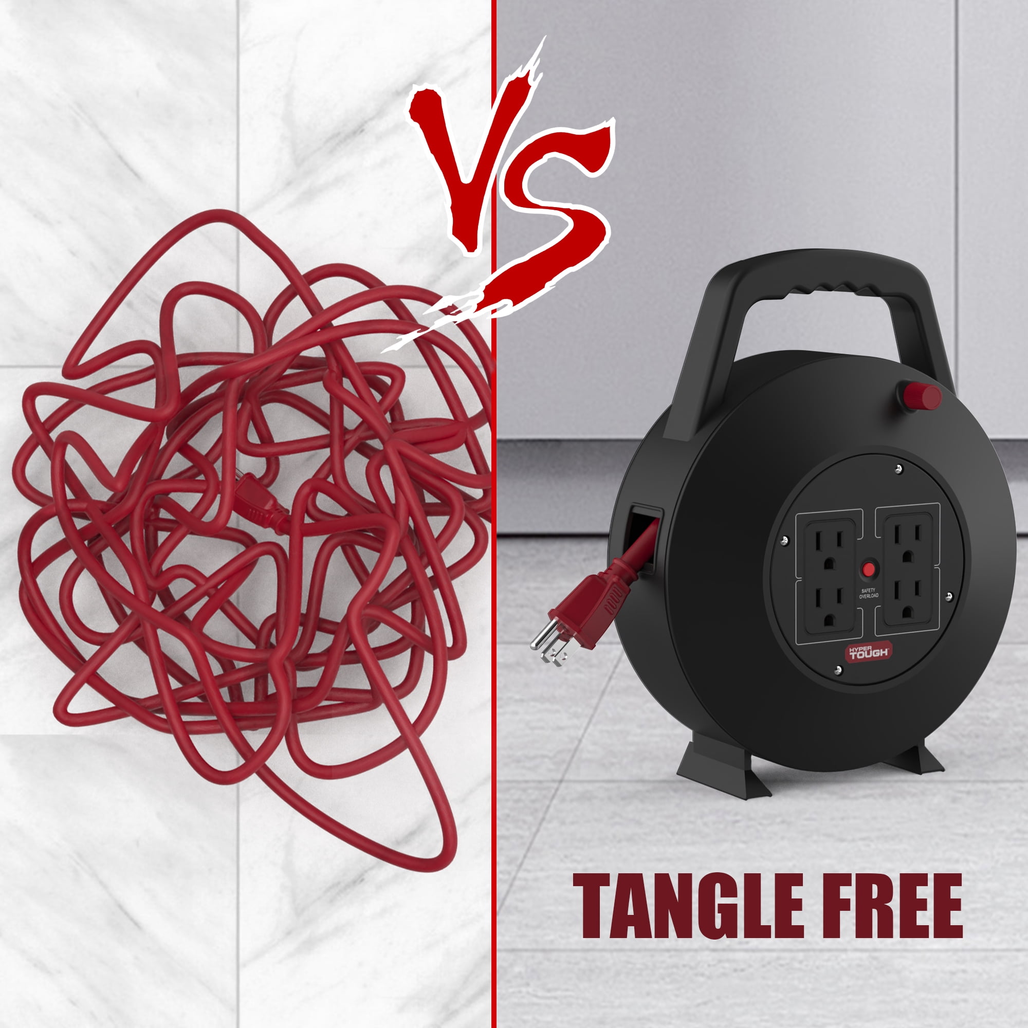Hyper Tough Extension Cord Reel with 4 Outlets, 25 Foot, Black/Red, 1 Piece