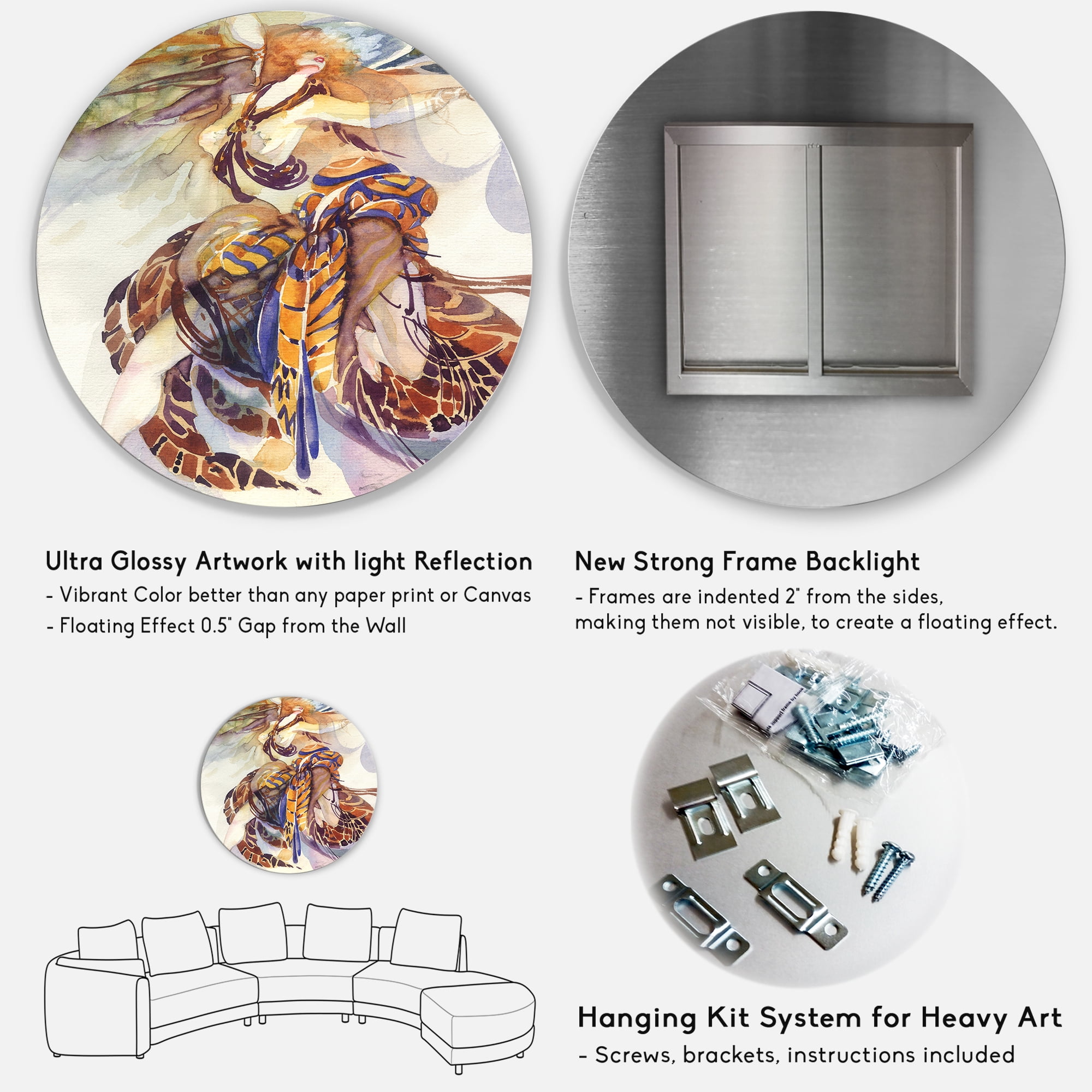 Designart 'Allegory of Paradise Bird Woman Portrait' Traditional Circle Metal Wall Art 29x29 - Disc of 29