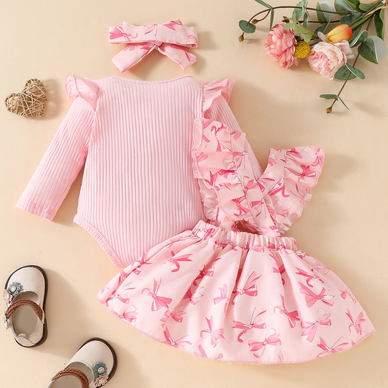 IWEMEK Newborn Baby Girl Clothes Ruffle Long Sleeve Romper Pink Bowknot Skirt 3 Pieces Fall Outfits Set Size 12-18M