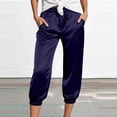 thumbnail image 2 of felwors Women's Satin Capri Joggers High Rise Cropped Lounge Pants with Elastic Cuffs Pockets（Dark Blue， L）, 2 of 5