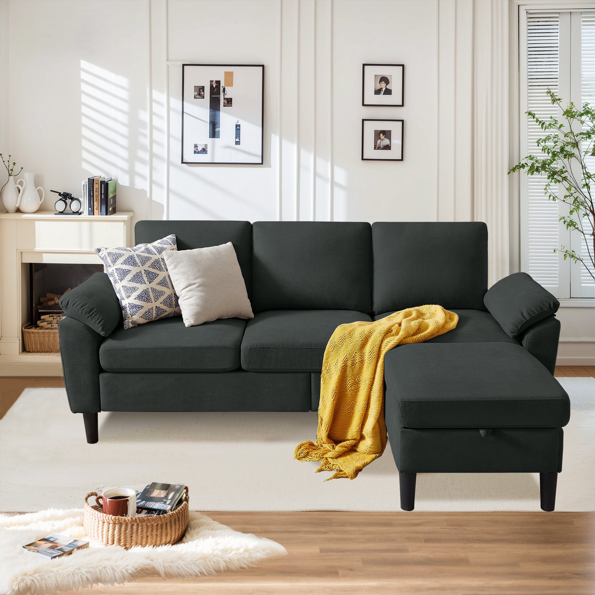 Pingliang Home 80" Sectional Sofa Couch,L Shaped 3 Seat with Reversible Storage Ottoman and Side Pockets, Modern Polyester Fabric Sofa Couches for Living Room Apartment Office Studio Small Space