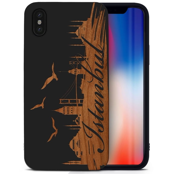 Case Yard Wooden Case for iPhone-X Soft TPU Silicone cover Slim Fit Shockproof Wood Protective Phone Cover for Girls Boys Men and Women Supports Wireless Charging Istanbul Love Design