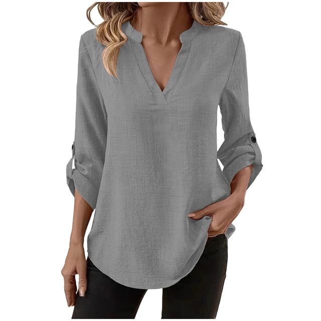 Camisas de Color Sólido para las Mujeres 3/4 Manga Manga Corta Cuello en V, Blusa Casual para Primavera Verano Diario