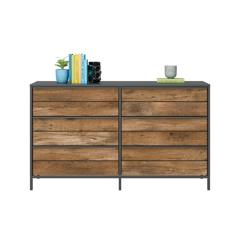 Sauder Boulevard Cafe Industrial Oak Bedroom Furniture 6 Drawer Dresser with Metal Frame Black Finish Walmart