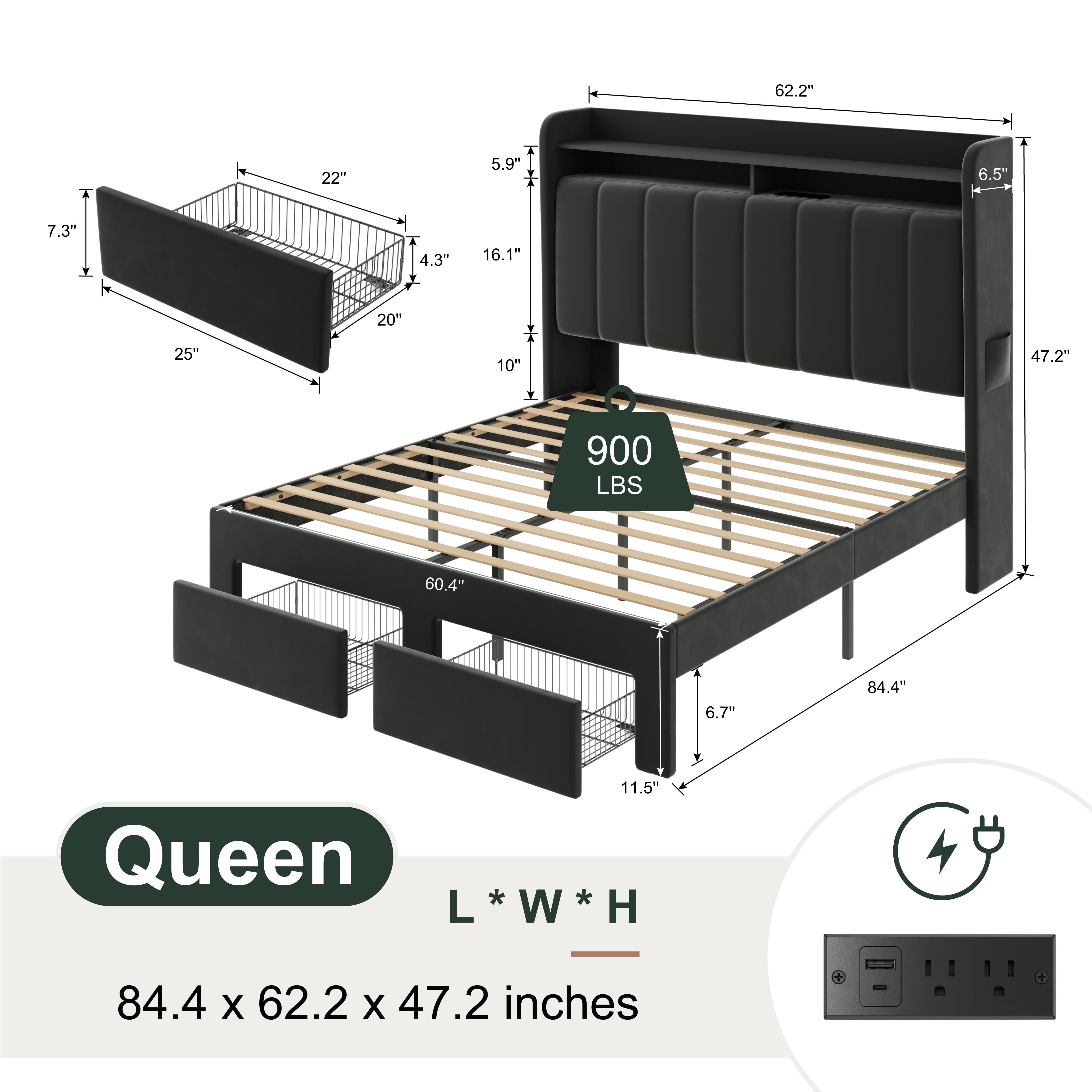 Amolife Queen Size Platform Bed Frame with 2-Tier LED Storage Velvet Wingback Headboard & 2 Storage Drawers, USB & Type-C Charging Ports, Black