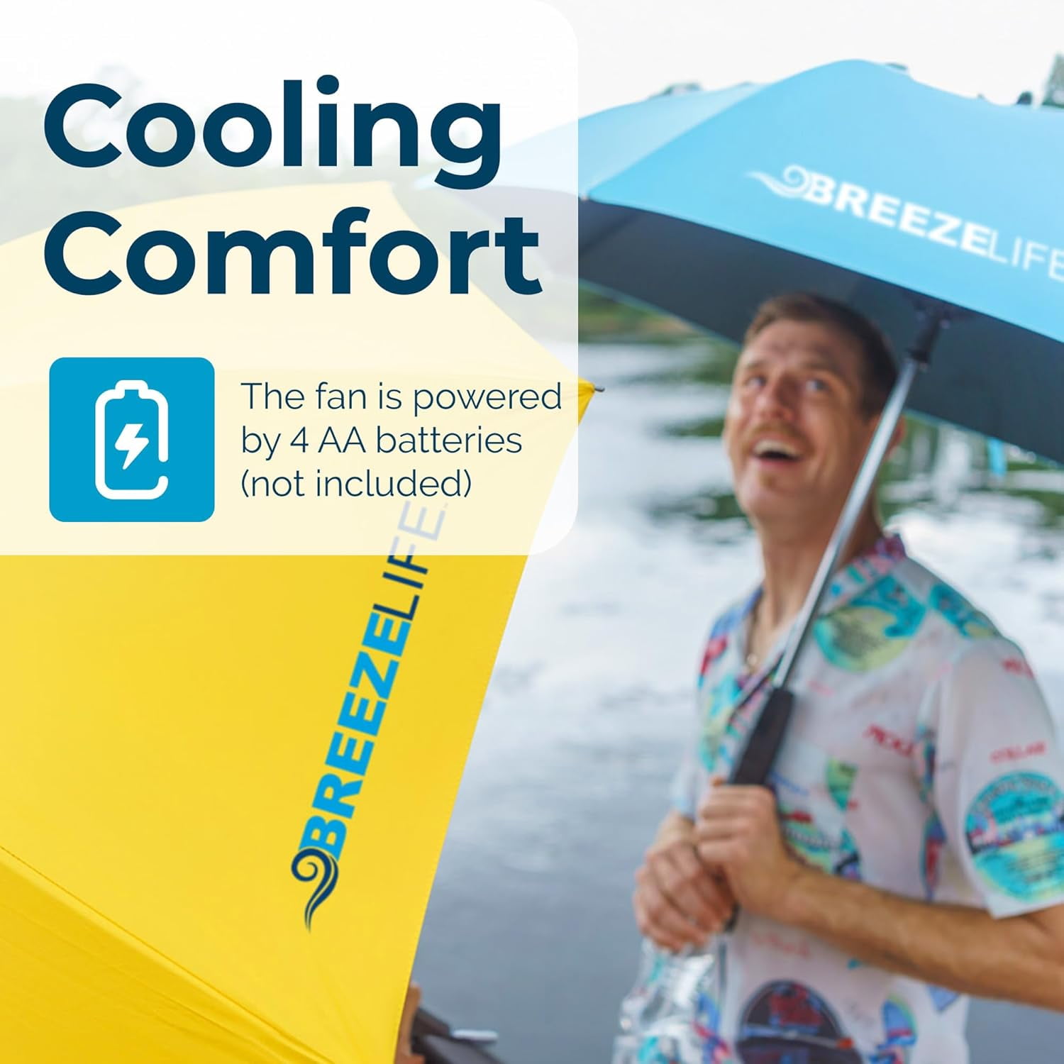BREEZE LIFE Golf Umbrella with Fan and Mister. Portable misting and shade that blocks 99.9% of UVA and UVB rays UV sun protection and cooling at festivals, beach, and sporting events. (American Flag)