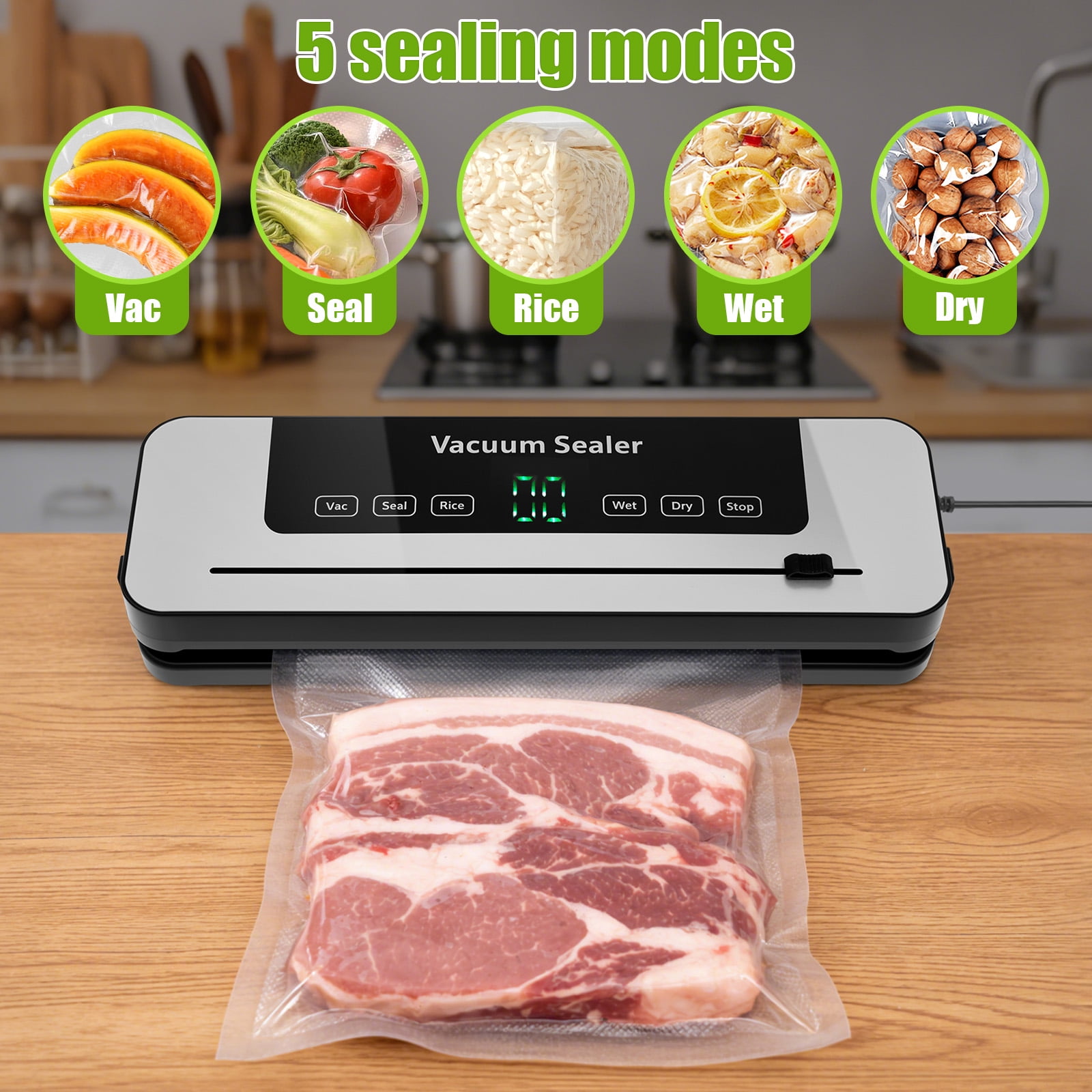 FYJUCPA Vacuum Sealer Machine, Compact Automatic Food Vacuum Sealer with LED Display & Built-in Cutter, 5 Modes for Wet/Dry Food Preservation