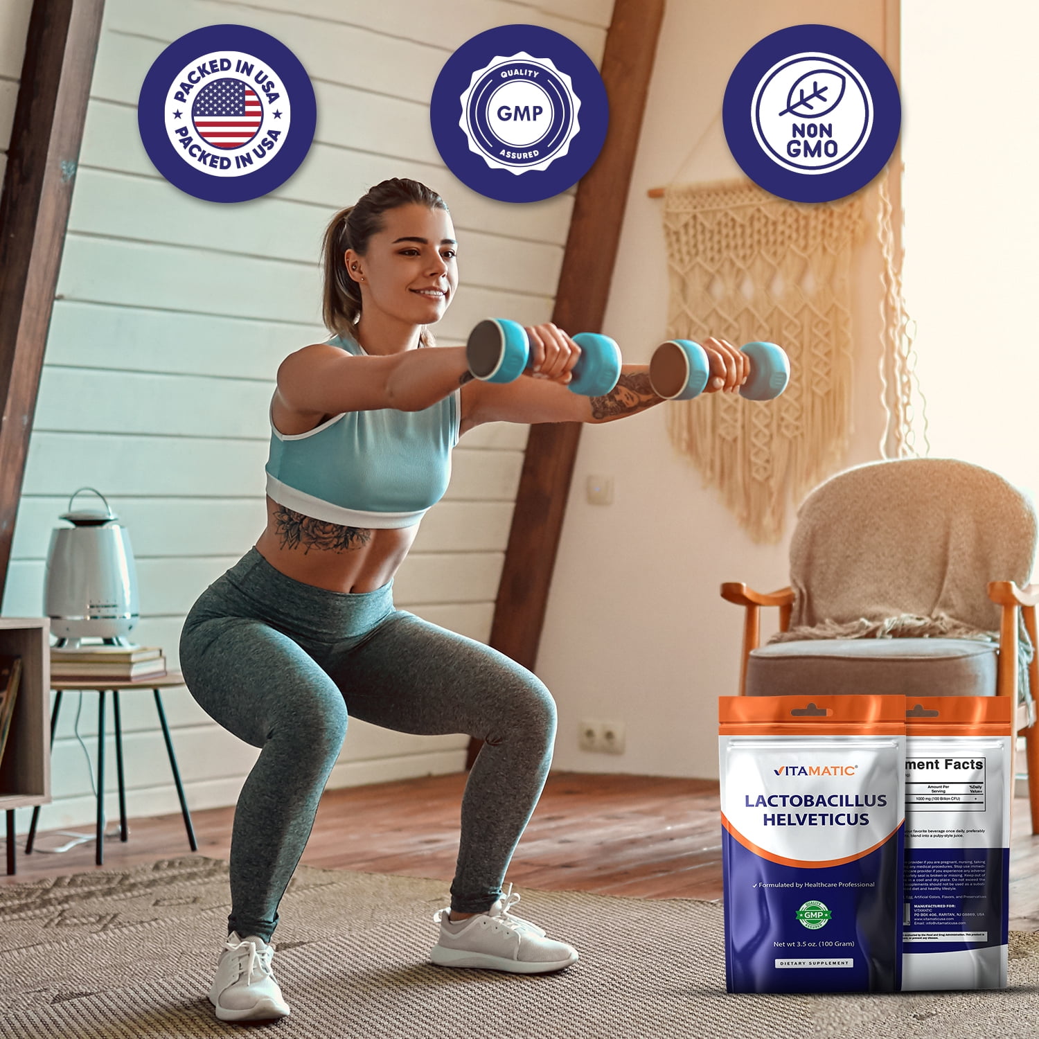 VitamaticUSA Lactobacillus Helveticus Probiotic Powder Supplement Gluten-Free Digestive Health Support 100 Servings 100 Gram (3.5 OZ)