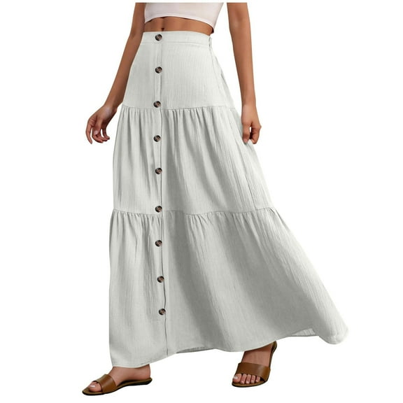 Womens Boho Skirts High Waisted Flowy Maxi Summer Skirts Trendy Floral Cute Long Skirts with Pockets White XXL