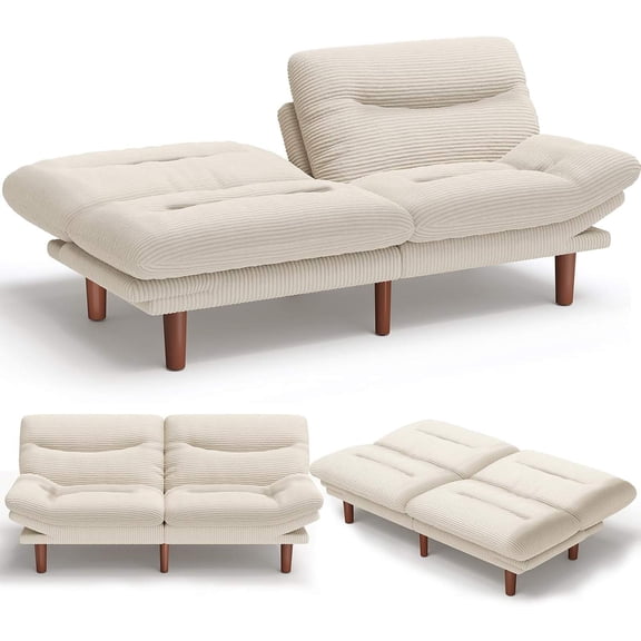 Convertible Futon Sofa Bed, 3-in-1 Space-Saving Corduroy Couch with Adjustable Back & Armrests for Small Apartments, Office, Guest Room (White, 66 inch)