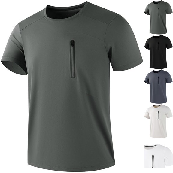 Men's Short Sleeve T-Shirts Performance Zipper Pocket Athletic Tee Quick Dry Workout Top Moisture Wicking Cool Ice Silk Shirt for Running Training Hiking