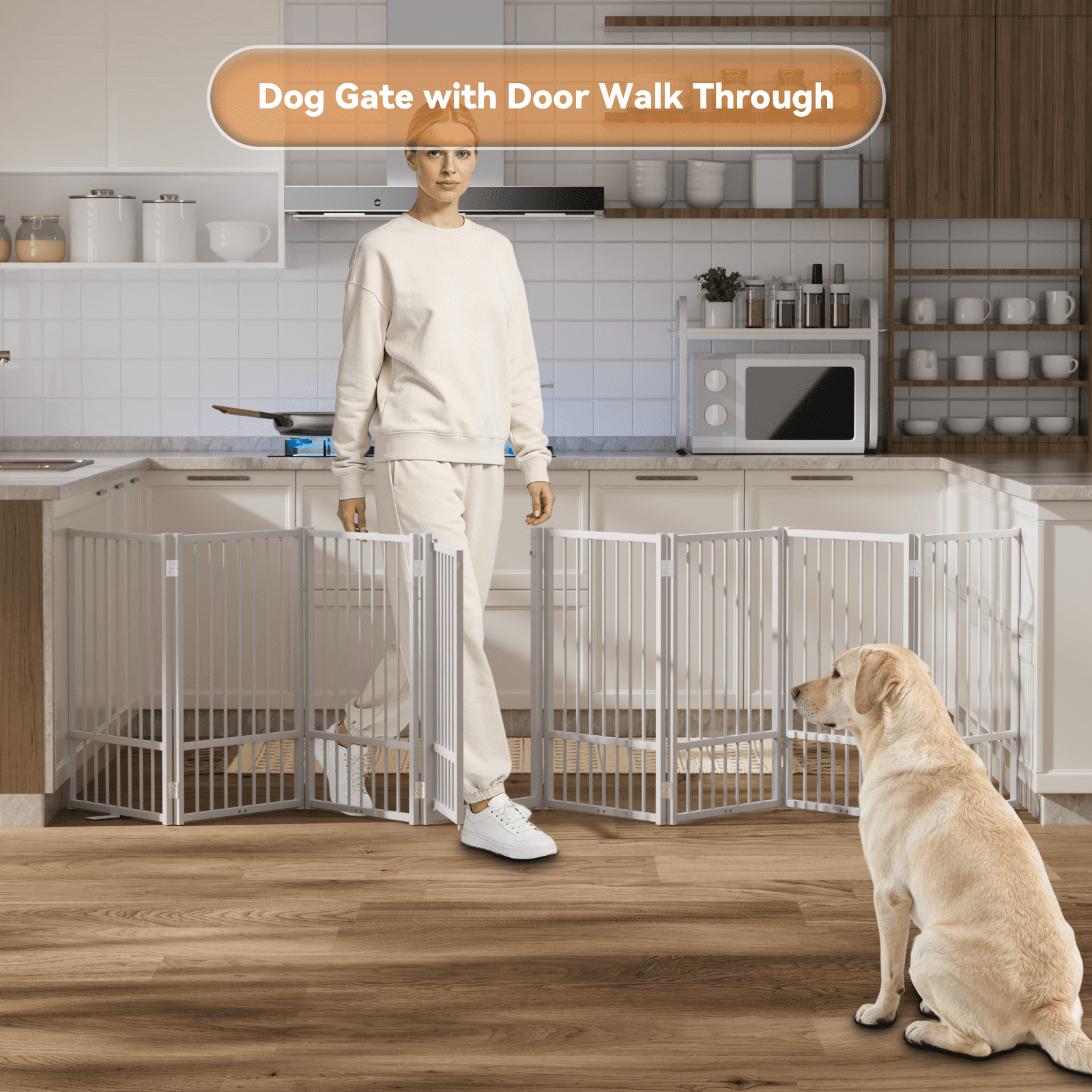 32''Height Full Matel Freestanding Dog Gate with Door, 8 Panels Extra Wide Free Standing Tall Dog Gates for Doorways,House,Stairs,Porch,Deck,Yard