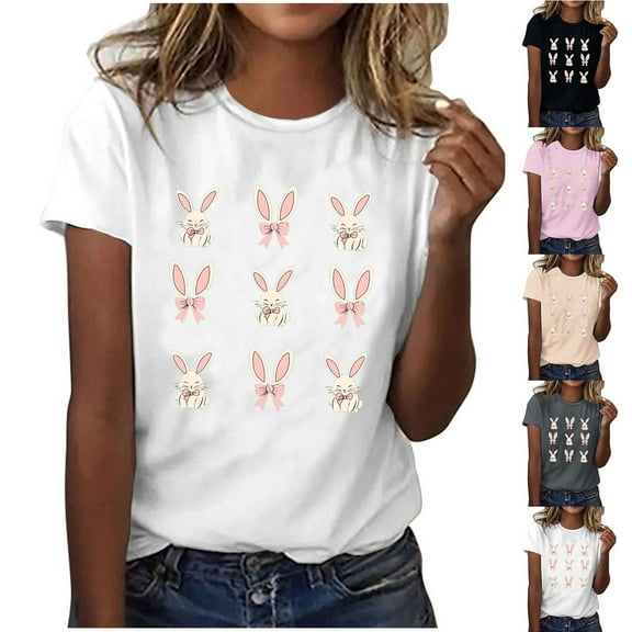 VBTAPA 2025 Summer Tops for Women Happy Easter T Shirt Cute Bunny Eggs Graphic Tees Casual Holiday Short Sleeve Tees Top Limited Time Sales White XL