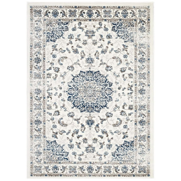 Modway Lilja Distressed Vintage Medallion 5x8 Area Rug in Ivory and Moroccan Blue