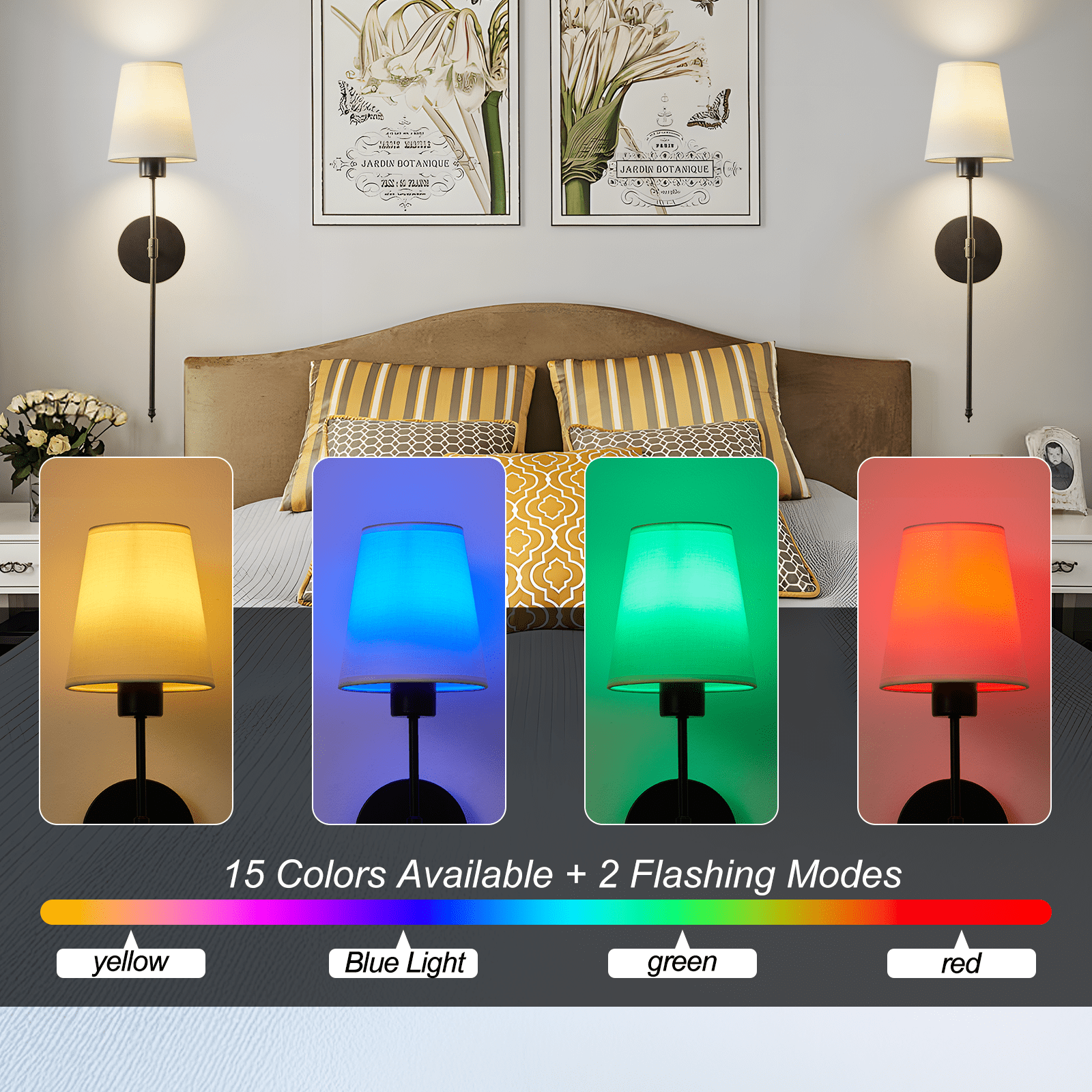 Wireless Rechargeable Wall Sconce Set of 2, RGB Dimmable Light with 15 Colors and Remote Control, Modern Wall Lamp for Bedroom, Living Room, Hallway